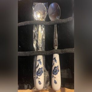 Stainless 18-10 Tea Jam Spoon w/ White Porcelaine Handle Blue Flowers Gold-Trim